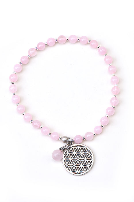 Armband 4mm Rosenquarz 18cm, mit Anhänger Lebensblume