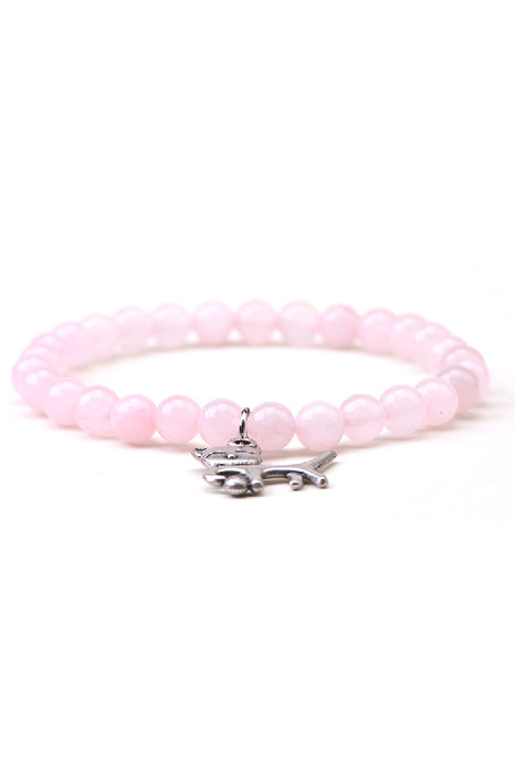 Bracelet en quartz rose 6 mm, 18,5 cm, avec pendentif chat