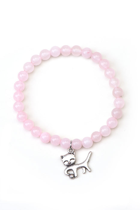Bracelet en quartz rose 6 mm, 18,5 cm, avec pendentif chat