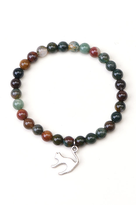 Bracelet 6mm Indian agate 18.5cm, with cat pendant