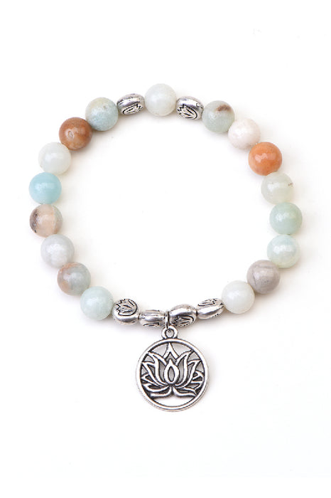Bracelet en amazonite de 8 mm, 19 cm, avec pendentif fleur de lotus