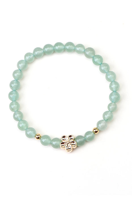 Bracelet en aventurine verte de 6 mm, 18,5 cm, orné d'une fleur