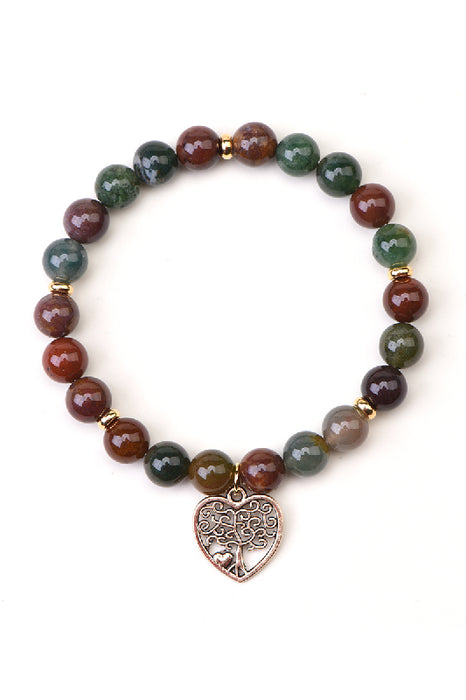 Armband 8mm indischer Achat 19cm, mit Anhänger Lebensbaum in Herzform