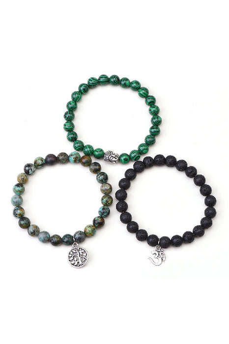 Bracelet de 8 mm en turquoise africaine, malachite et pierre de lave, 19 cm, avec pendentif Arbre de Vie, OM et Bouddha