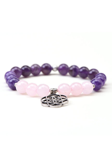 Armband 8mm Amethyst / Rosenquarz 19cm, mit Anhänger Lebensblume