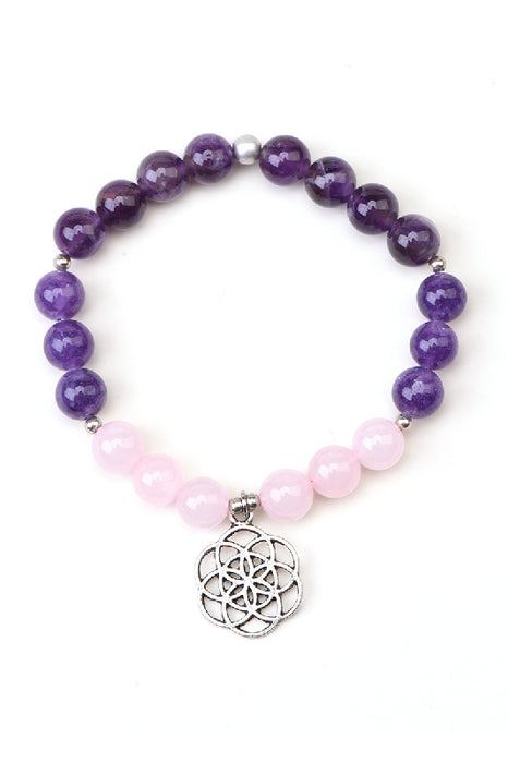 Armband 8mm Amethyst / Rosenquarz 19cm, mit Anhänger Lebensblume