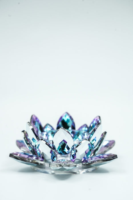 Tealight holder, crystal glass, lotus flower, violet, 12cm