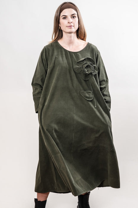 Manchesterkleid Baumwolle lang grosse Blume moosgrün - One Size