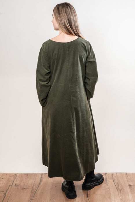 Manchesterkleid Baumwolle lang grosse Blume moosgrün - One Size