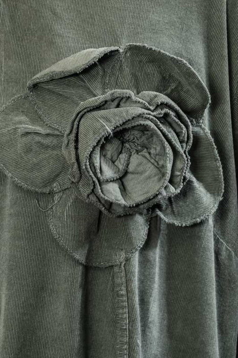 Manchesterkleid Baumwolle lang grosse Blume moosgrün - One Size