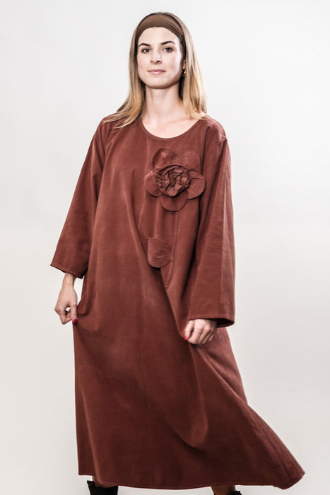 Robe Manchester longue en coton à grandes fleurs caramel - Taille unique