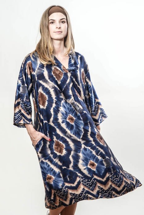 Long blue/beige patterned dress - One Size