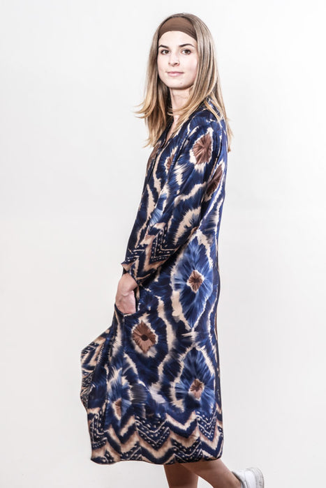 Long blue/beige patterned dress - One Size