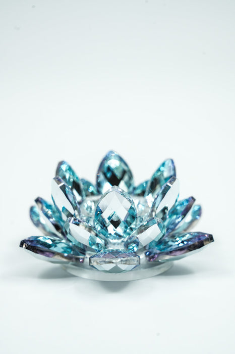 Crystal glass candle holder, lotus flower, light blue, 8.5cm