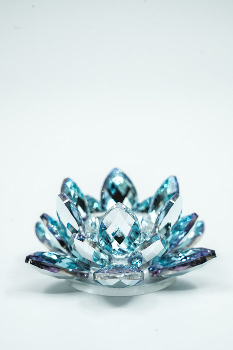 Crystal glass candle holder, lotus flower, light blue, 8.5cm