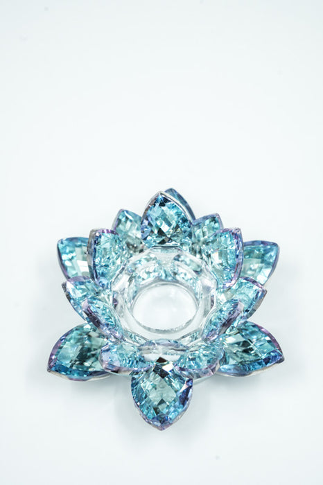 Crystal glass candle holder, lotus flower, light blue, 8.5cm