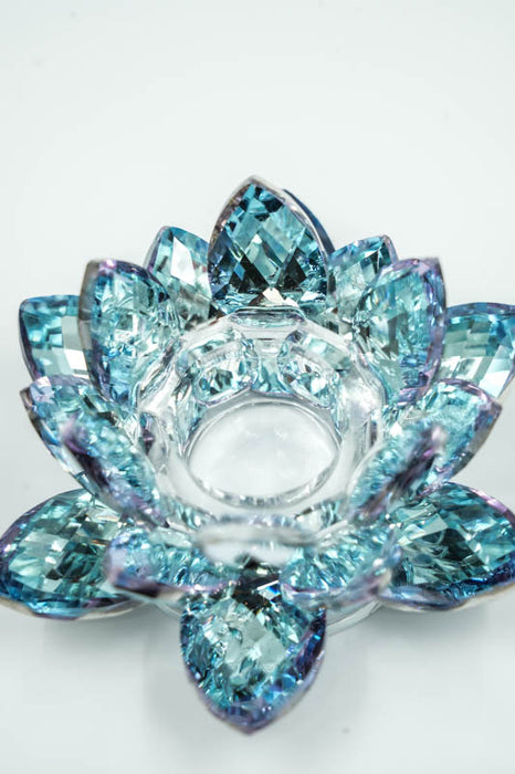 Crystal glass candle holder, lotus flower, light blue, 8.5cm