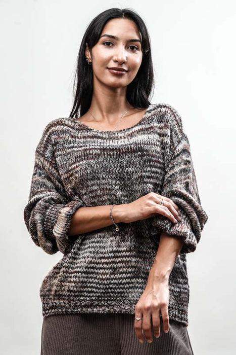 Pull en maille rayé marron/gris/multicolore - Taille unique