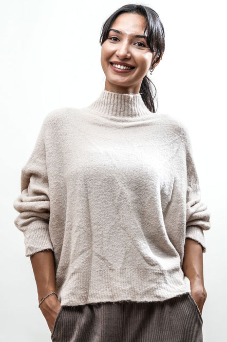 Pull en maille à manches chauve-souris, beige - Taille unique