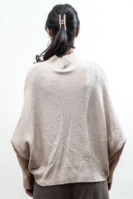 Pull en maille à manches chauve-souris, beige - Taille unique