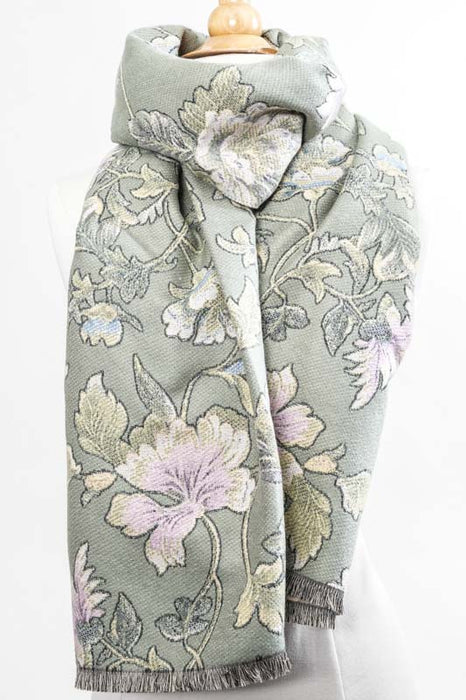 Scarf viscose/wool flowers khaki 70x180cm