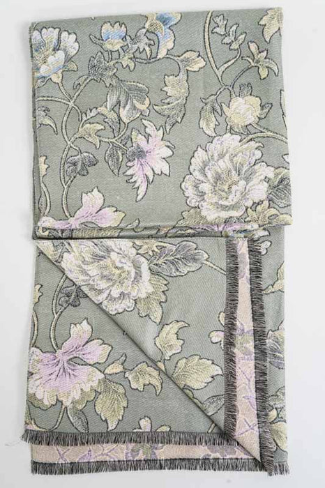 Scarf viscose/wool flowers khaki 70x180cm