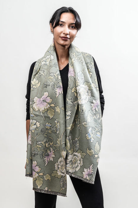 Scarf viscose/wool flowers khaki 70x180cm