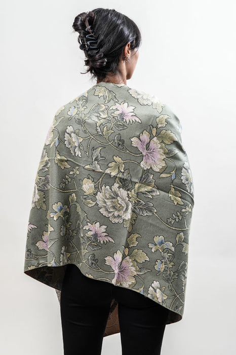 Scarf viscose/wool flowers khaki 70x180cm