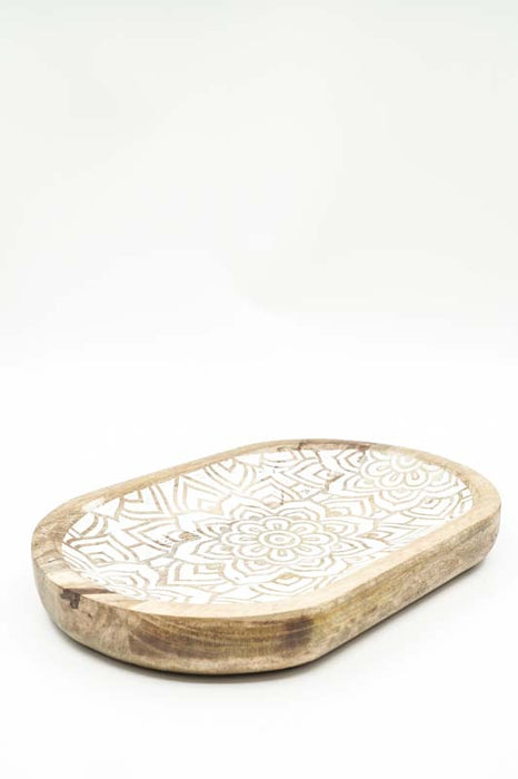 Decorative plate, mango wood, mandala carving, oval, 30x20cm