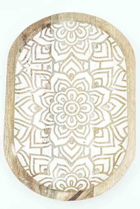 Decorative plate, mango wood, mandala carving, oval, 30x20cm