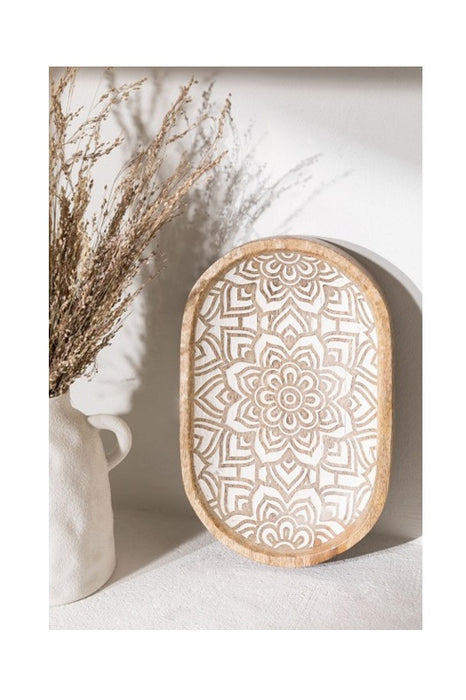 Decorative plate, mango wood, mandala carving, oval, 30x20cm