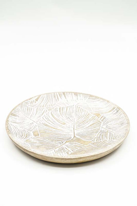 Plateau décoratif rond en manguier "Monstera" moyen 20x20x2.5cm