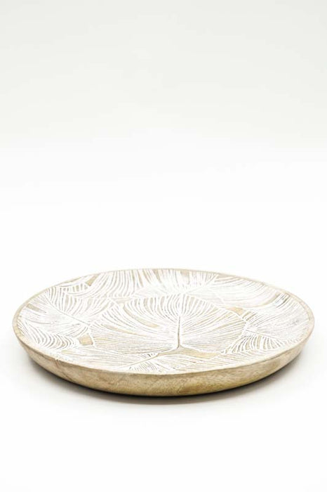 Plateau décoratif rond en manguier "Monstera" moyen 20x20x2.5cm