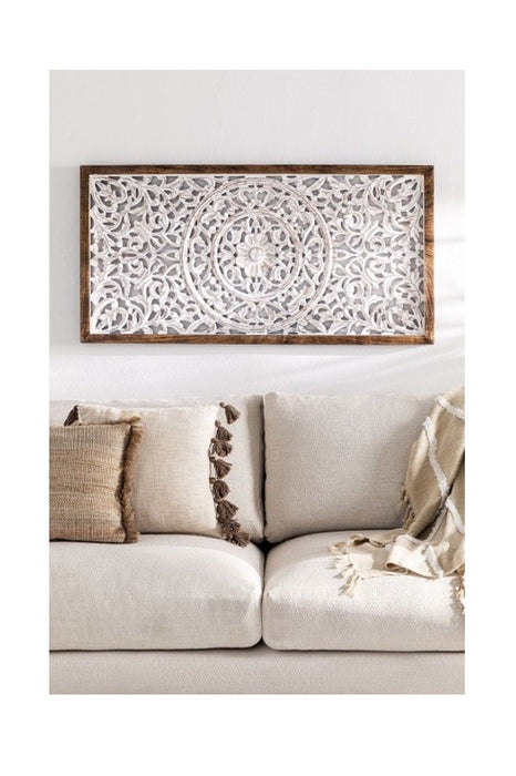Décoration murale rectangulaire en bois de manguier avec sculptures 123x65x3.5cm