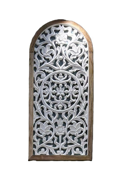 Wall decoration with floral carvings, mango wood, arched, 95x48x3cm