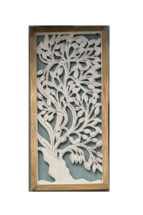 Wanddeko mit Lebensbaum-Schnitzereien Mangoholz rechteckig 95x48x3cm