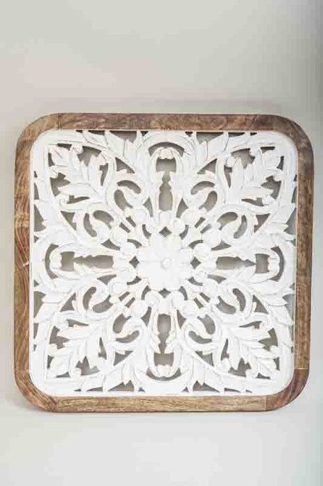 Mango Wood Wall Decor with Floral Carvings, Square, 64x64x3cm