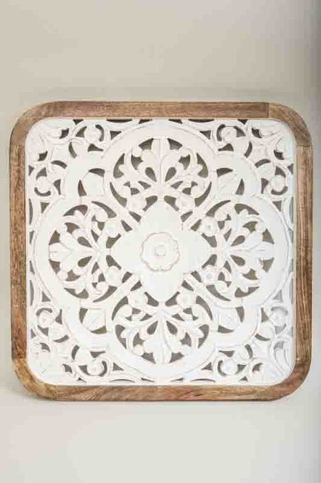 Mango Wood Wall Decor with Diamond-Shaped Mandala Carvings, Square, 64x64x3cm