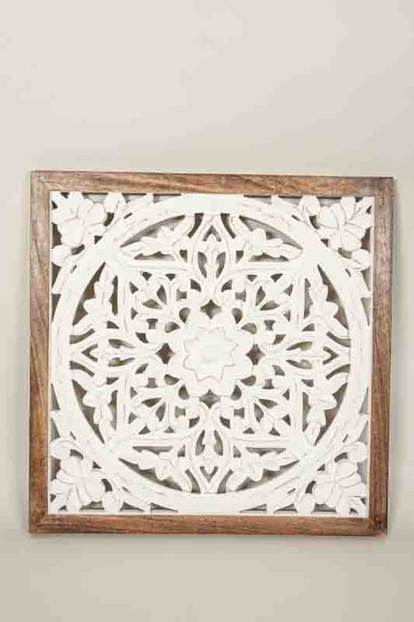Décoration murale en bois de manguier, mandalas sculptés, motif floral 64x64x3cm