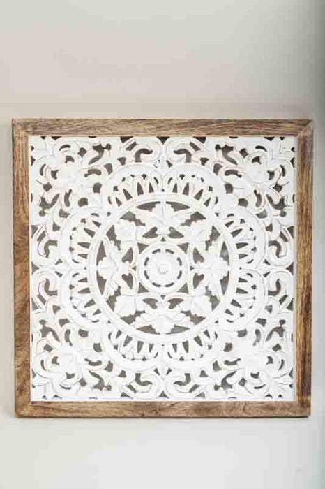 Mango wood wall decor with mandala carvings, square, 64x64x3cm