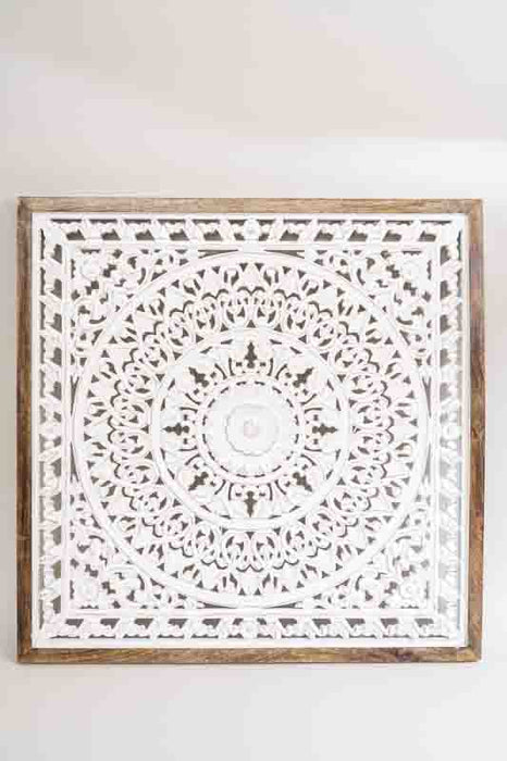 Wanddeko Mangoholz mit Blumenmandala quadratisch 95x95x3cm