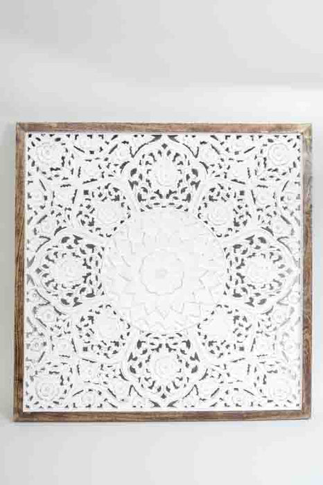 Décoration murale carrée en bois de manguier avec sculptures florales 95x95x3cm