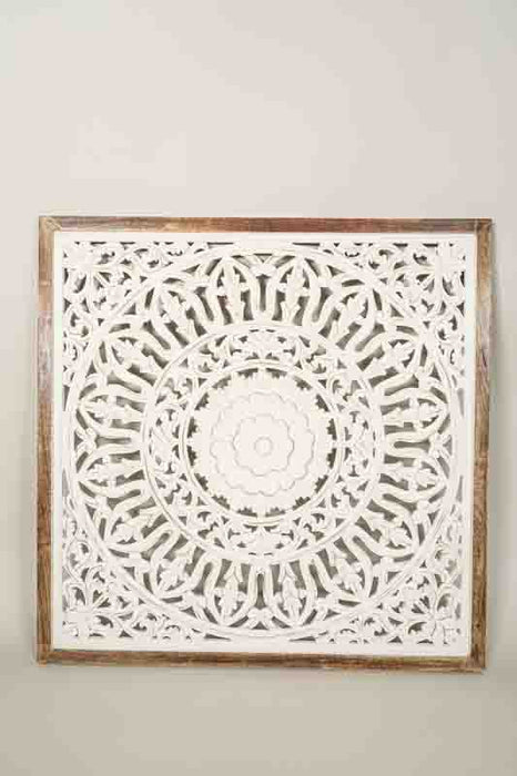 Décoration murale carrée, bois de manguier, sculptures mandala 95x95x3cm