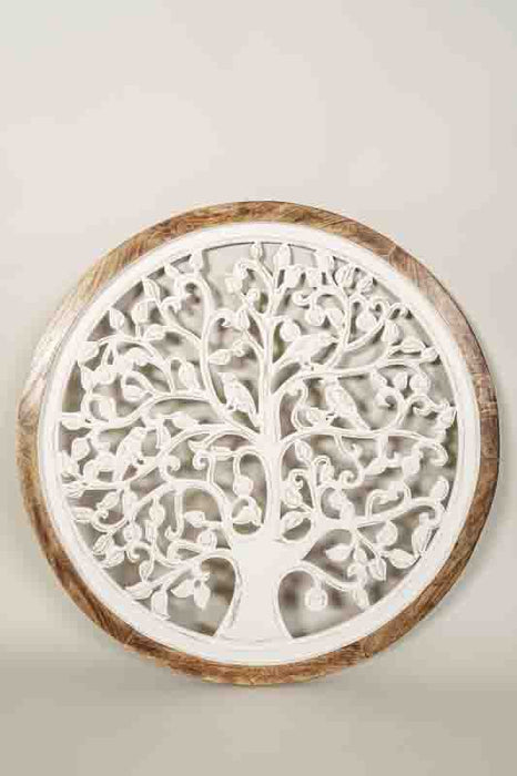 Décoration murale ronde en bois de manguier avec sculptures Arbre de Vie 95x95x3cm