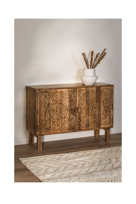 Kommode Mangoholz mit 2 Türen und Blumen-Schnitzereien 104.5x20.5x72.5cm