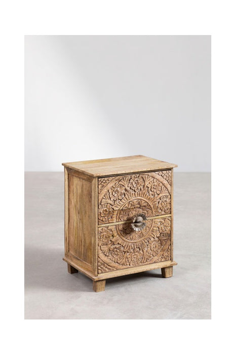 Mango Wood Bedside Table with 2 Drawers and Floral Carvings 40x32.5x51cm