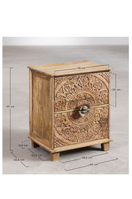 Mango Wood Bedside Table with 2 Drawers and Floral Carvings 40x32.5x51cm