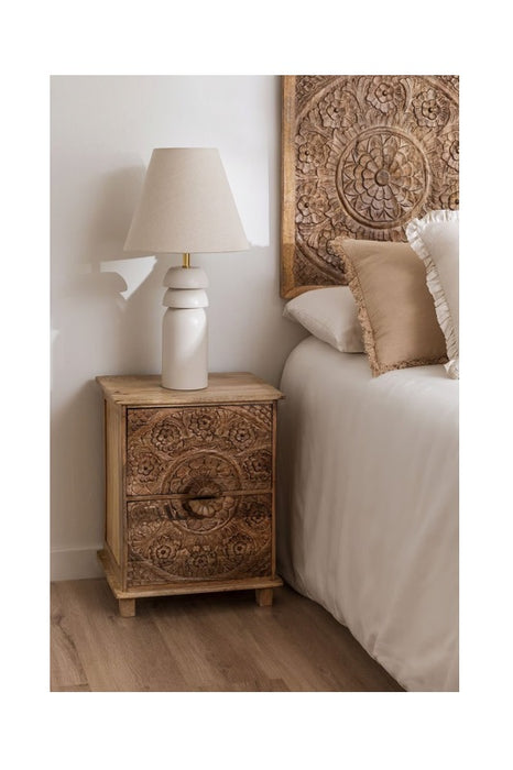 Mango Wood Bedside Table with 2 Drawers and Floral Carvings 40x32.5x51cm