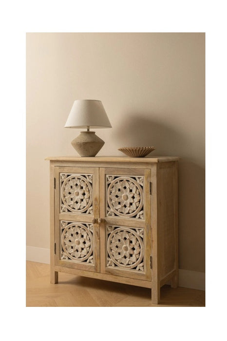 Kommode Mangoholz mit 2 Türen und 4 Mandala-Schnitzereien 73.5x35x76.5cm