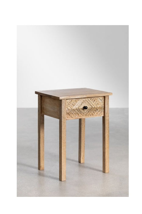 Beistelltisch Mangoholz mit 1 Schublade mit Blumen-Schnitzereien 45x36x60.5cm